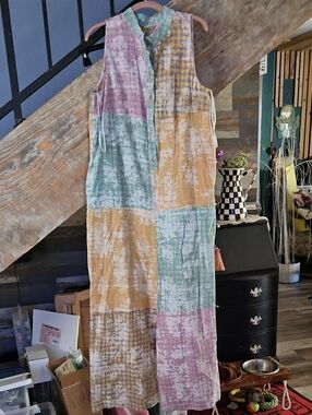 Sleeveless Patchwork Print Jumpsuit in Pastel Yellow, Blue & Pink